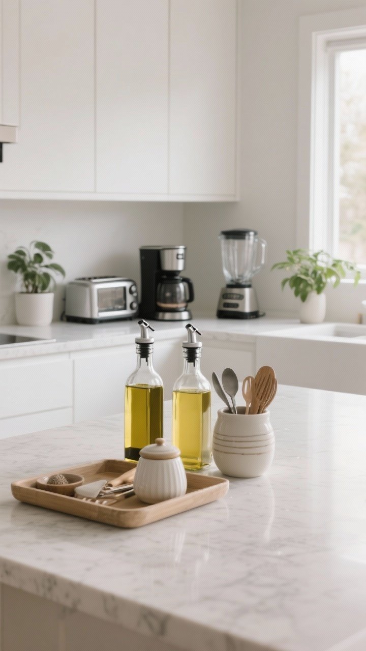 Wide shot of intentionally minimal countertops styled for function: only daily-use appliances visible—a sleek coffee maker, compact toaster, and a blender if present; elevated essentials in uniform oil and vinegar bottles, a ceramic salt cellar, and a handsome utensil crock; pretty + practical tray corrals loose items for a styled look; minimal visual noise, soft morning natural light across a light quartz surface, matte white cabinetry, plant accent in background.