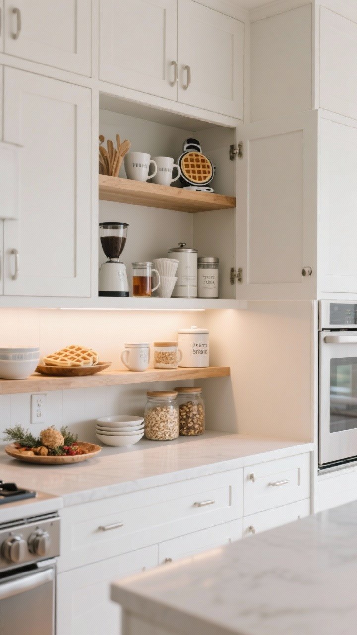 Wide shot of upper kitchen cabinets at eye level showcasing “prime real estate” used for daily items: coffee/tea station with mugs, filters, tea tins, and sugar canister; breakfast/snack shelf with bowls and jars of oats and granola. Seasonal platters and novelty waffle maker stored on the highest shelf out of reach. Clean, modern kitchen with soft white cabinets, light oak shelves inside, subtle task lighting. Calm, efficient mood; doors open to display clear zoning.