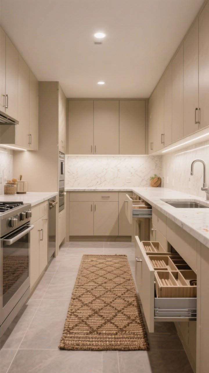 Wide shot: Practical beige kitchen—satin-finish beige cabinet fronts with soft-close hinges, matte tile floor with sealed grout, mid-tone quartz counters that hide crumbs, and zoned storage: pull-out tray dividers and drawer organizers partially open. Add a flatweave indoor/outdoor runner in earthy pattern along the galley. Under-cabinet lighting on, photorealistic lived-in functionality.