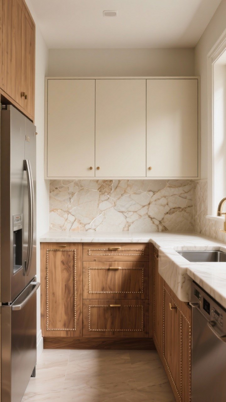 Wide shot: Same compact kitchen layout but with elevated finishes—leathered cream stone countertops and a matching stone slab backsplash rising to the uppers, panel-ready fridge and dishwasher clad in warm wood-look panels matching the cabinetry, inset cabinet doors with beaded detailing; minimal glare, calm luxury ambiance; warm neutral daylight; photorealistic.