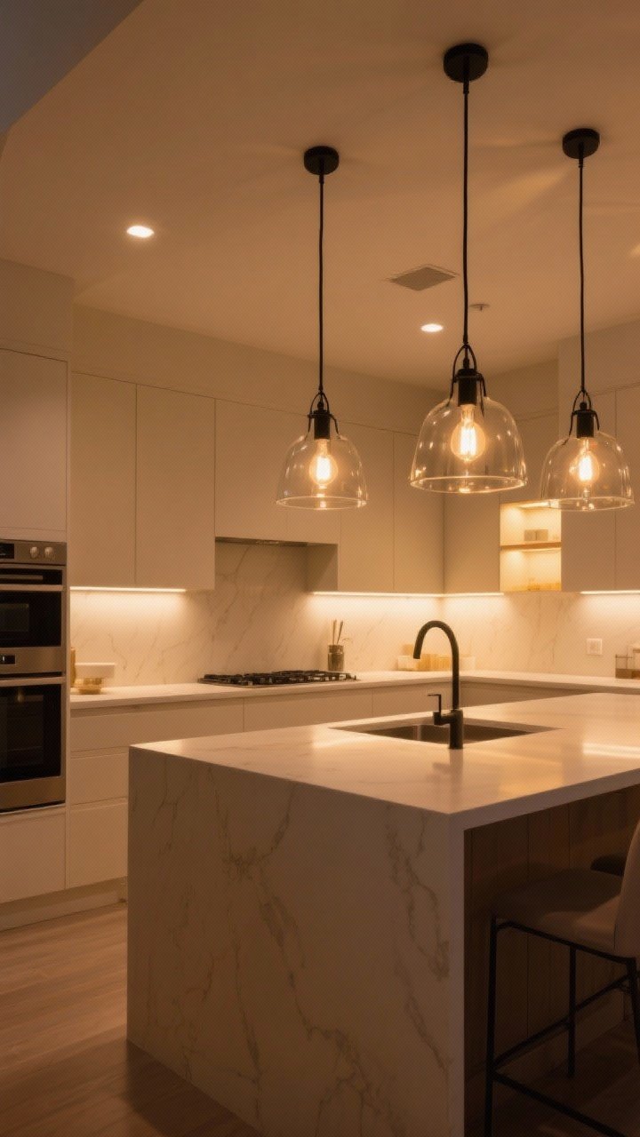 Wide shot showcasing layered lighting at 2700–3000K: beige kitchen illuminated by dimmable warm pendants over the island (glass or black metal), under-cabinet task lighting casting an even glow on counters, and warm recessed lights; bulbs tested to flatter beige finishes with no yellow cast; calm, cozy evening ambiance, photorealistic.