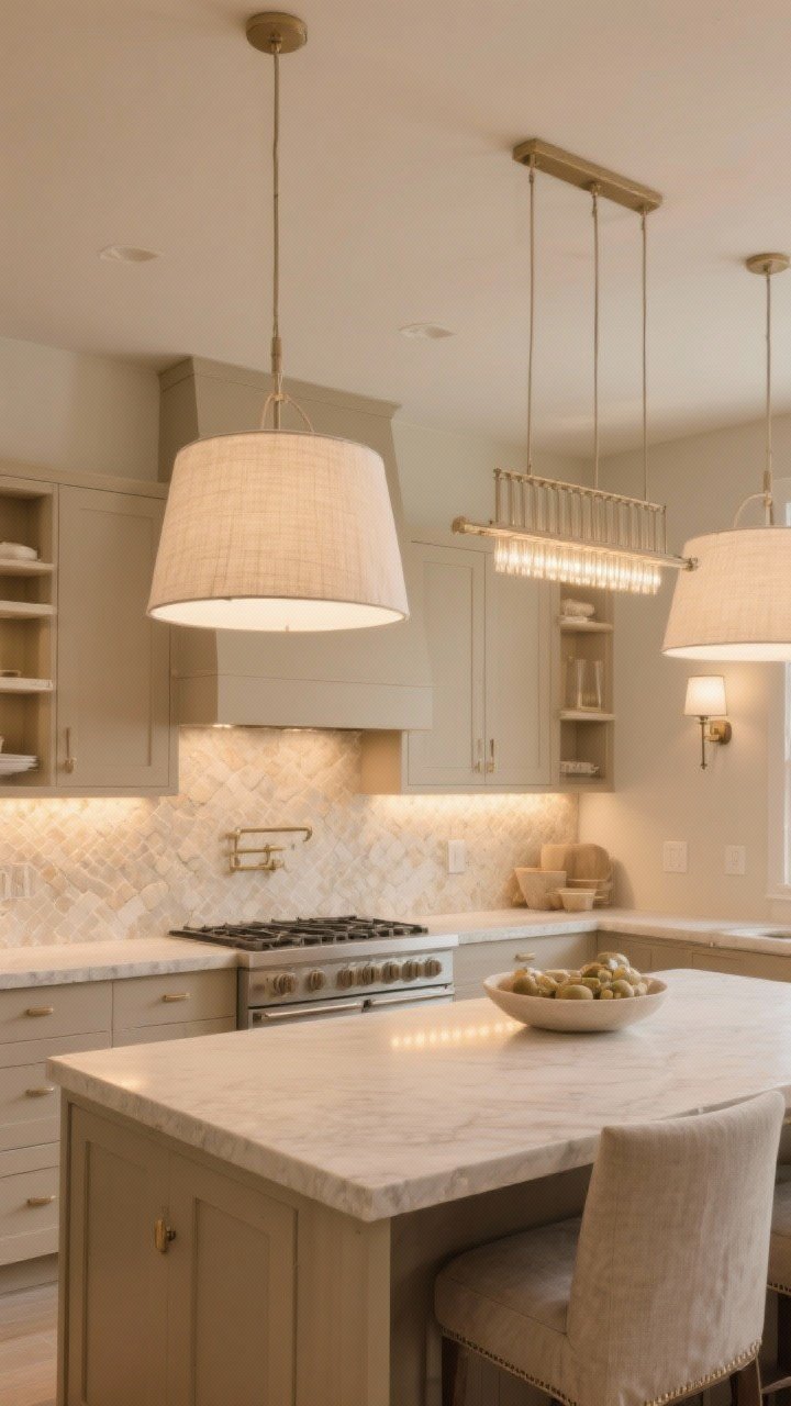 Wide shot: Statement lighting in a beige kitchen—two oversized linen-shaded pendants above the island, a linear chandelier visible over a dining nook, under-cabinet warm LEDs washing over a textured backsplash, and a pair of wall sconces above open shelves. Matte beige cabinetry, stone counters, and neutral walls. All bulbs set to warm 2700K–3000K for a creamy glow that flatters the beige tones. Straight-on view for a magazine-ready feel.