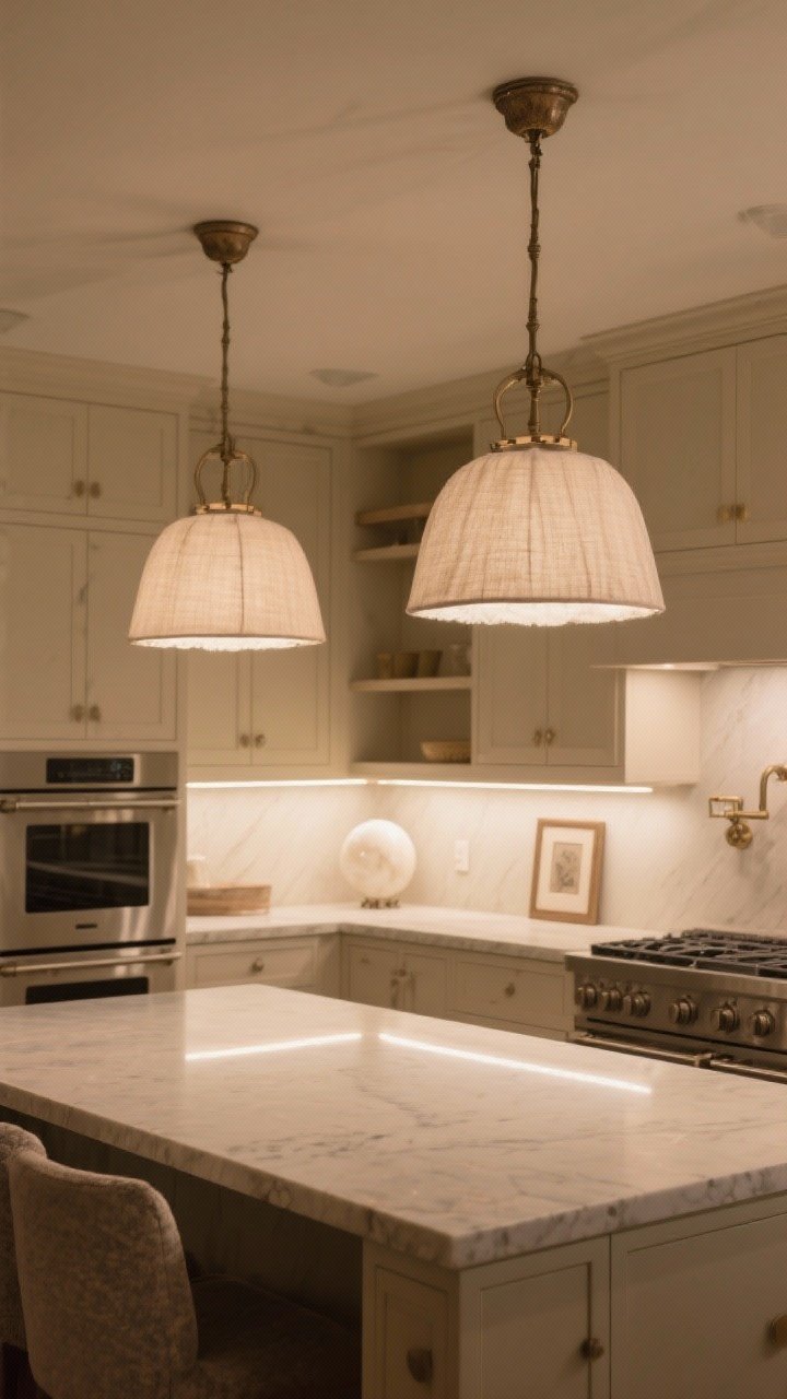 Wide shot: Statement lighting in a beige kitchen—two oversized artisan pendants with linen diffused shades above the island, alabaster globe sconce near the range, warm under-cabinet LED strips (2700K–3000K) creating a soft glow on cream cabinetry and matte stone surfaces; include a small picture light above open shelves; evening ambiance, straight-on.