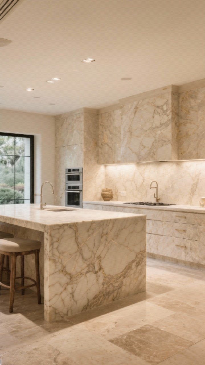 Wide shot: Stone-forward beige kitchen featuring a Taj Mahal quartzite waterfall island with gentle veining and a honed, buttery finish, a full-height matching backsplash creating a seamless gallery-like look, and travertine floors in warm tones; subdued, even lighting that highlights the stone’s movement and depth; serene, timeless mood, photorealistic.