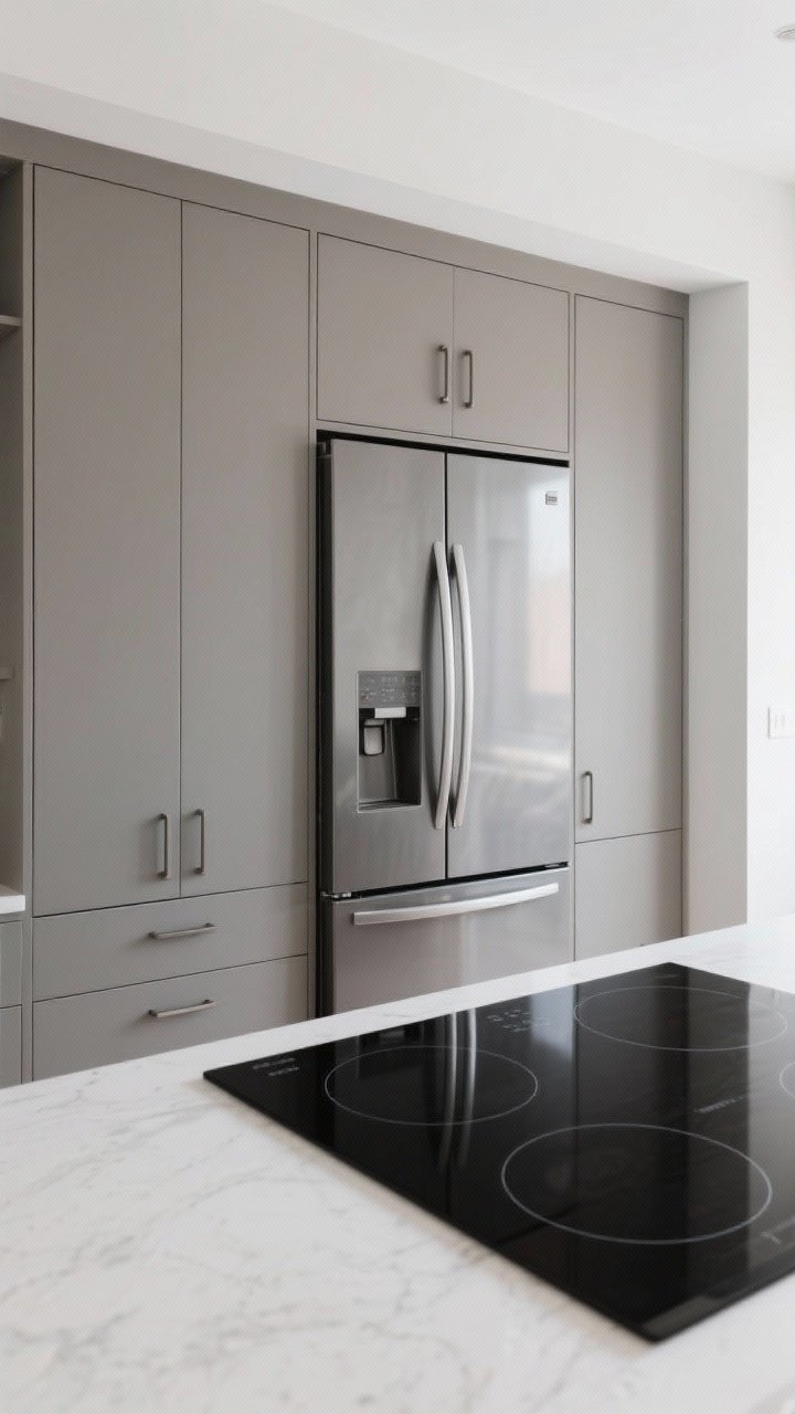 Wide shot, straight-on: Calm appliance integration—a counter-depth fridge flush with cabinetry, paneled dishwasher and fridge fronts reading as continuous cabinets, induction cooktop with a sleek black glass surface; all appliances in consistent matte finishes with matching handles; minimal glare and streamlined sightlines.