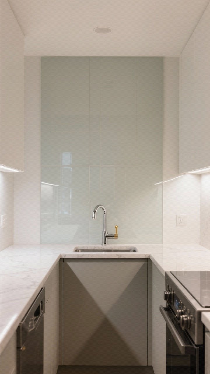 Wide shot, straight-on: sleek back-painted glass backsplash as a single sheet in pale greige, perfectly color-matched to the wall tone and harmonizing with mixed metals (chrome faucet, brass pulls, black appliance accents); reflective but soft, bouncing under-cabinet lighting to brighten a compact kitchen; seamless edges with color-matched caulk at the counter junction, photorealistic.
