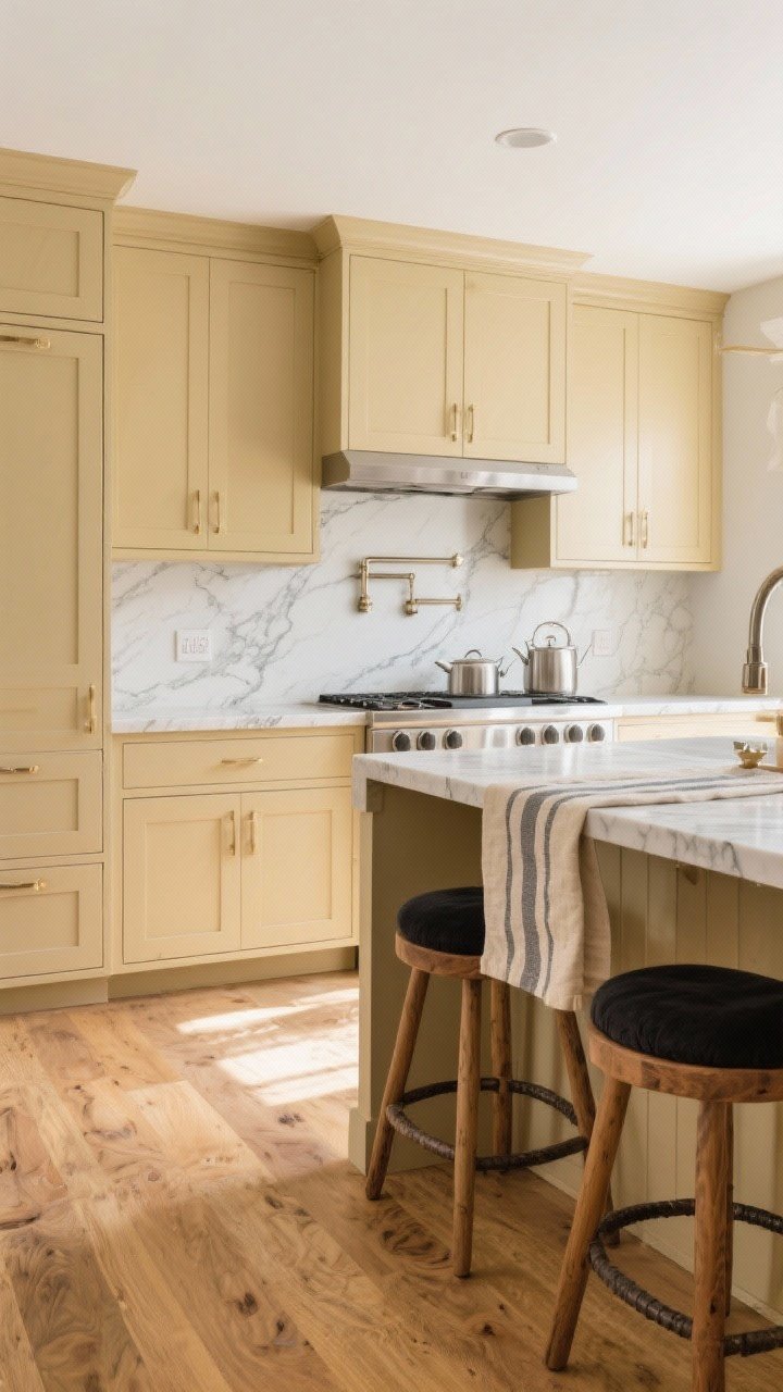 Wide shot: Warm–cool balance in a beige kitchen—golden beige cabinetry and oak floors tempered by a quartz countertop with subtle gray veining, stainless or polished nickel pot filler and hardware accents, and charcoal seat cushions on wood stools. Add an oatmeal linen runner with gray stripes. Bright but warm daylight that reduces yellow cast.