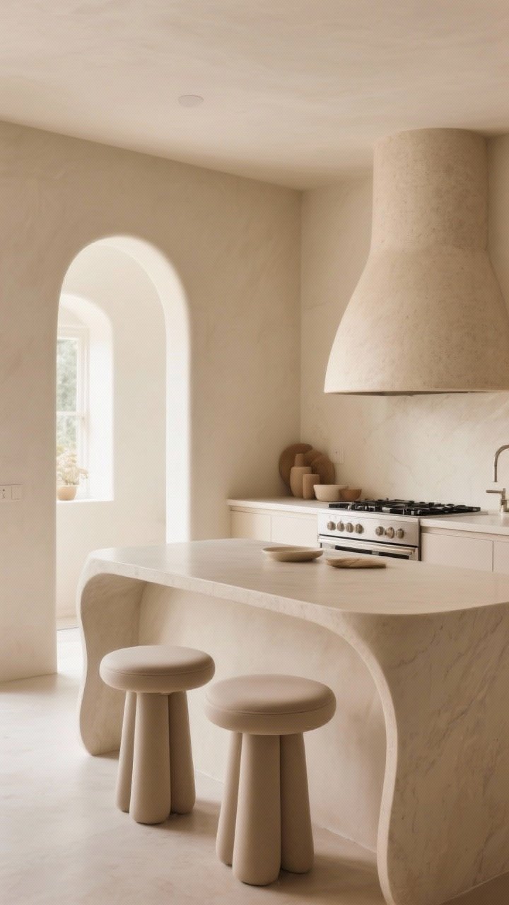 Wide shot with soft perspective: Curvy, cozy beige kitchen featuring an arched doorway, a rounded plaster range hood with tactile finish, a waterfall-edge island with gentle radius corners, and curvy barstools. Minimalist styling, warm neutral palette, soft natural light highlighting the smooth curves and softened lines for a modern, welcoming feel.