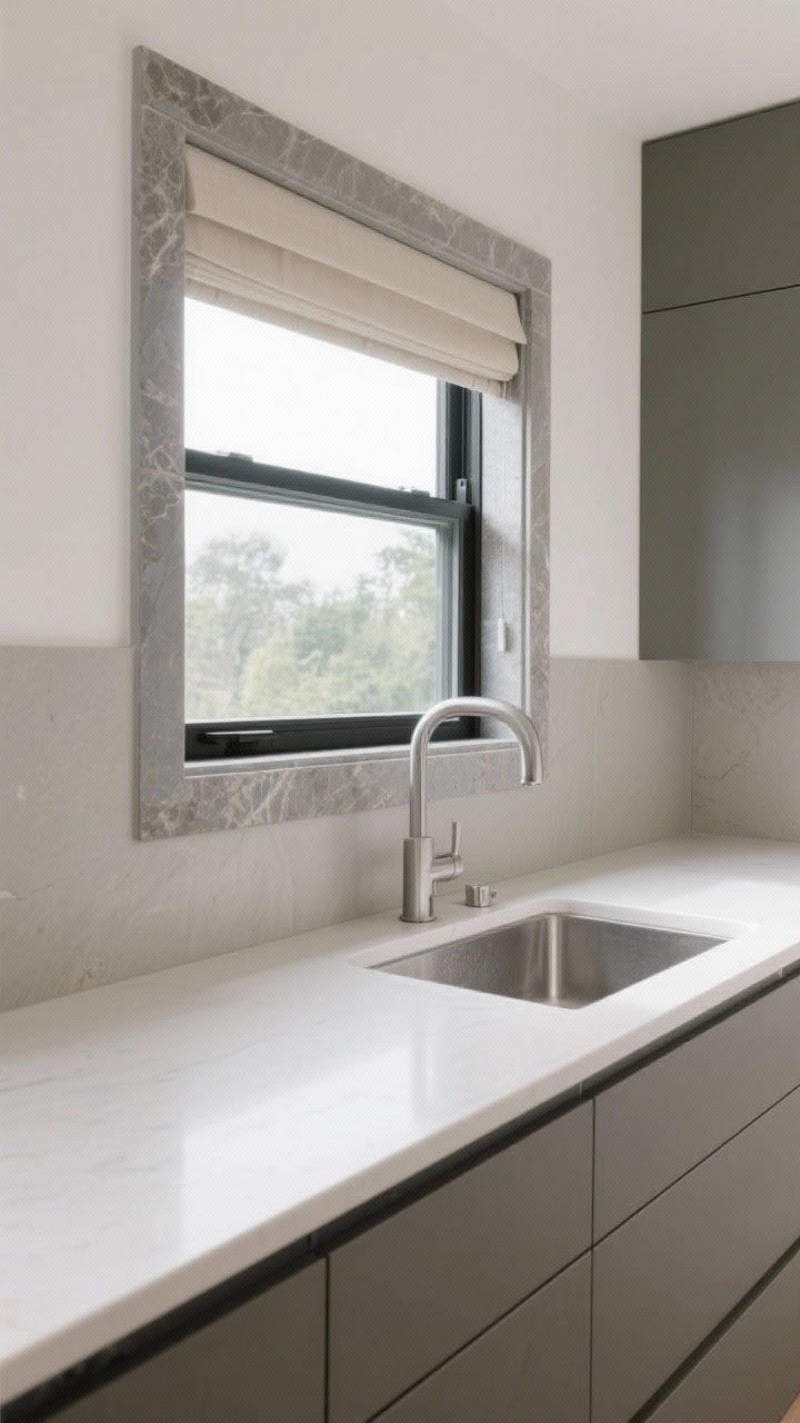 Wide sink wall shot showing a micro-slab window splash: matching stone slab returns wrapping the bottom and sides of a window over the sink, framing the view; reveals even and minimal; proper slope at the sill with discreet water-resistant caulk; counters and cabinet lines aligned; no window treatment or a simple neutral roman shade