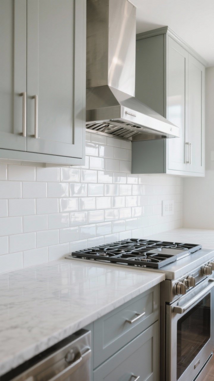 Wide, straight-on kitchen scene showcasing vertically stacked glossy white subway tiles in 2x8 size, installed from counter to upper cabinets to emphasize height; paired with cool gray or white quartz countertops for crisp contrast; neutral cabinetry, stainless range hood; bright, reflective lighting to bounce light off the glossy surface; clean, modern lines, timeless twist; no people.