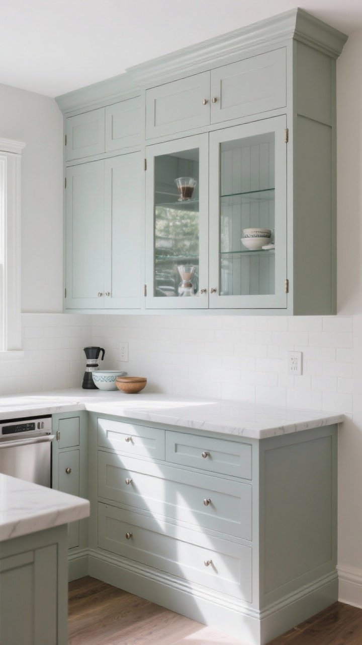 Wide, straight-on kitchen shot of a faux built-in hutch created by stacked stock wall cabinets (12–15 inches deep) set on the countertop, all painted the exact same satin color including toe kick and filler strips; add a chunky baseboard at the bottom and crown molding at the top for a seamless built-in illusion; include a couple of glass-front doors showcasing coffee gear and pretty bowls; tiny painted hardware screws and hinges to match; soft daylight with gentle shadows; mood: tailored, cohesive, custom-like