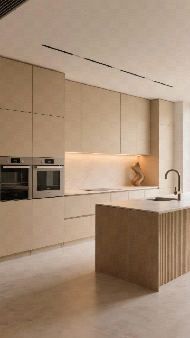 Wide, straight-on minimalist kitchen shot: warm, depth-rich beige flat-front, handleless cabinetry with integrated pulls that blend with door color; panel-ready appliances disappearing into the cabinetry; continuous toe-kicks and aligned reveals for a seamless look; single feature element such as a sculptural faucet or ribbed island detail; layered warm lighting to add softness, photorealistic.