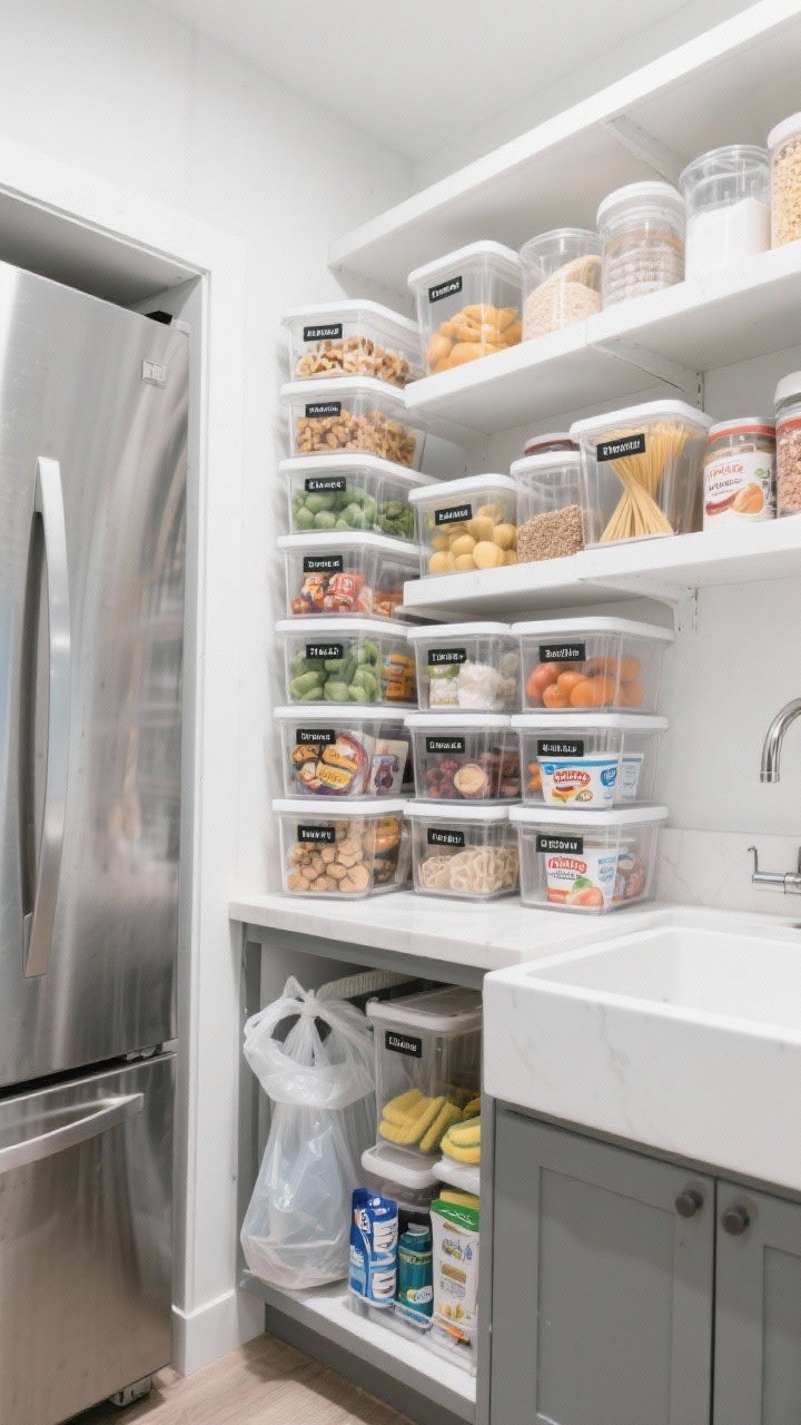 Wide, straight-on pantry and partial fridge view featuring clear stackable bins: uniform bin style in varying sizes, neatly stacked; pantry bins labeled for snacks, pasta, and baking ingredients; fridge shelf bins for produce, deli items, and yogurt; under-sink glimpse shows bins with trash bags, dishwasher pods, and sponges; wipeable labels with crisp typography; bright, even lighting that makes contents visible and honest.