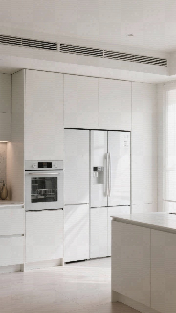 Wide, straight-on shot of a modern kitchen where the fridge and dishwasher are seamlessly disguised with matching flat-panel cabinet fronts in matte white, handleless push-to-open design; continuous cabinetry creates a calm, uninterrupted surface with a subtle venting gap above the paneled fridge, natural daylight washing across smooth cabinetry, minimal decor, no visible stainless steel.