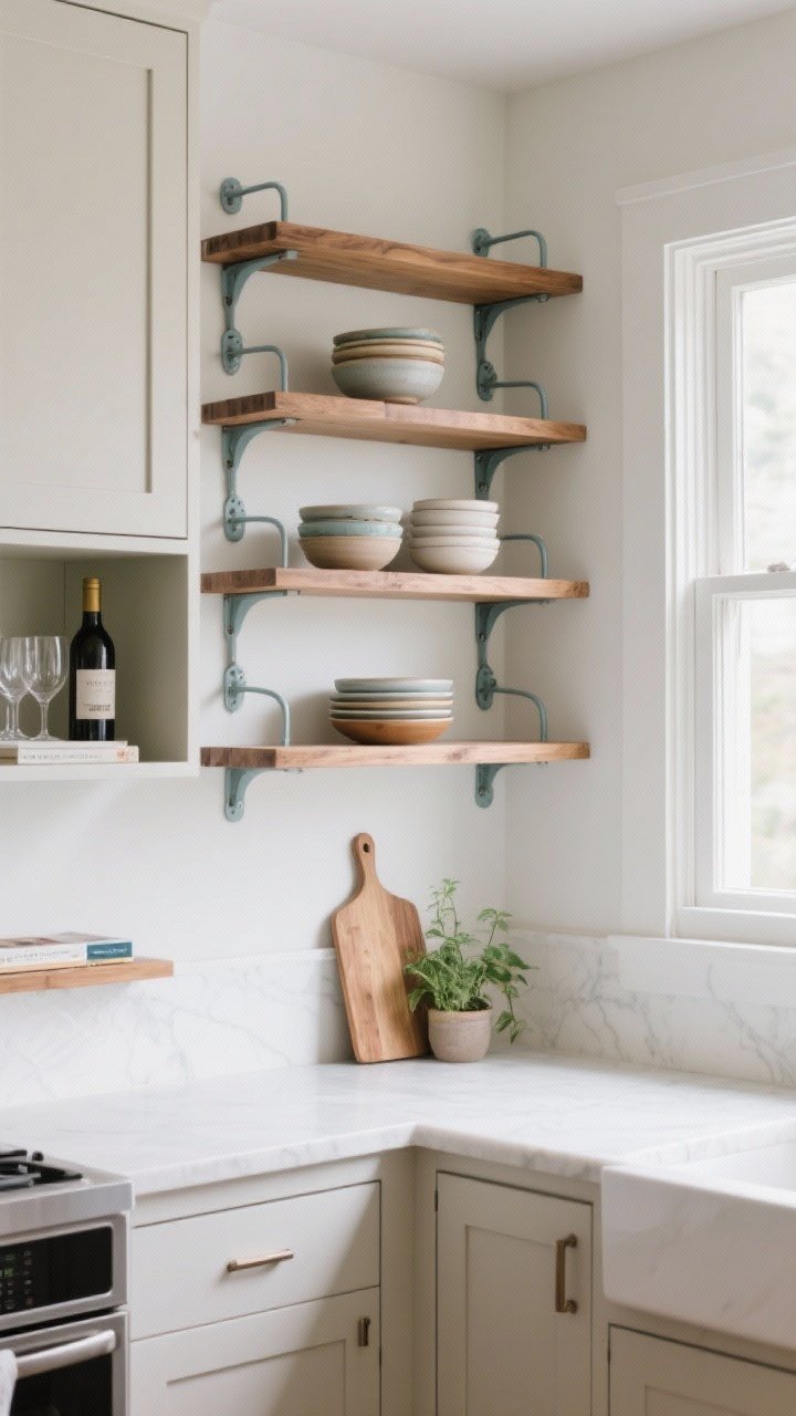 Wide straight-on view: A kitchen wall with open shelves limited to one side around a window for symmetry—sealed wood shelves displaying styled groups of three: stacked bowls, a leaning cutting board, a small plant; powder-coated metal brackets; adjacent closed cabinets hide everyday dishes; include a mini wine and glassware niche and a slim built-in cookbook ledge; natural daylight for a fresh, collected look.