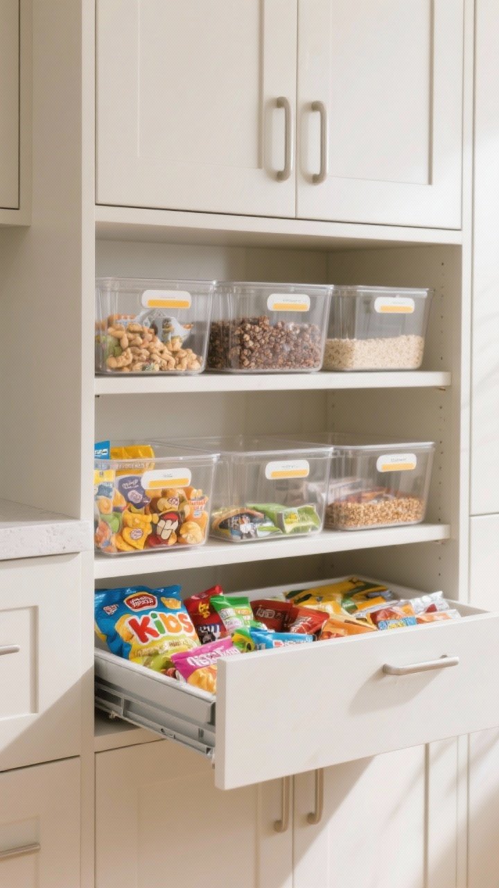 Wide, straight-on view of a cabinet transformed into zones with slide-out bins and bold labels: deep bin of kids’ snacks on a lower shelf, shallow bin of packets and toppings above; clear labels on fronts and tops for visibility in and out. Include comfortable cut-out handles for one-hand grab-and-go. Bright, organized mood with neutral cabinetry, uniform, shadow-free lighting.