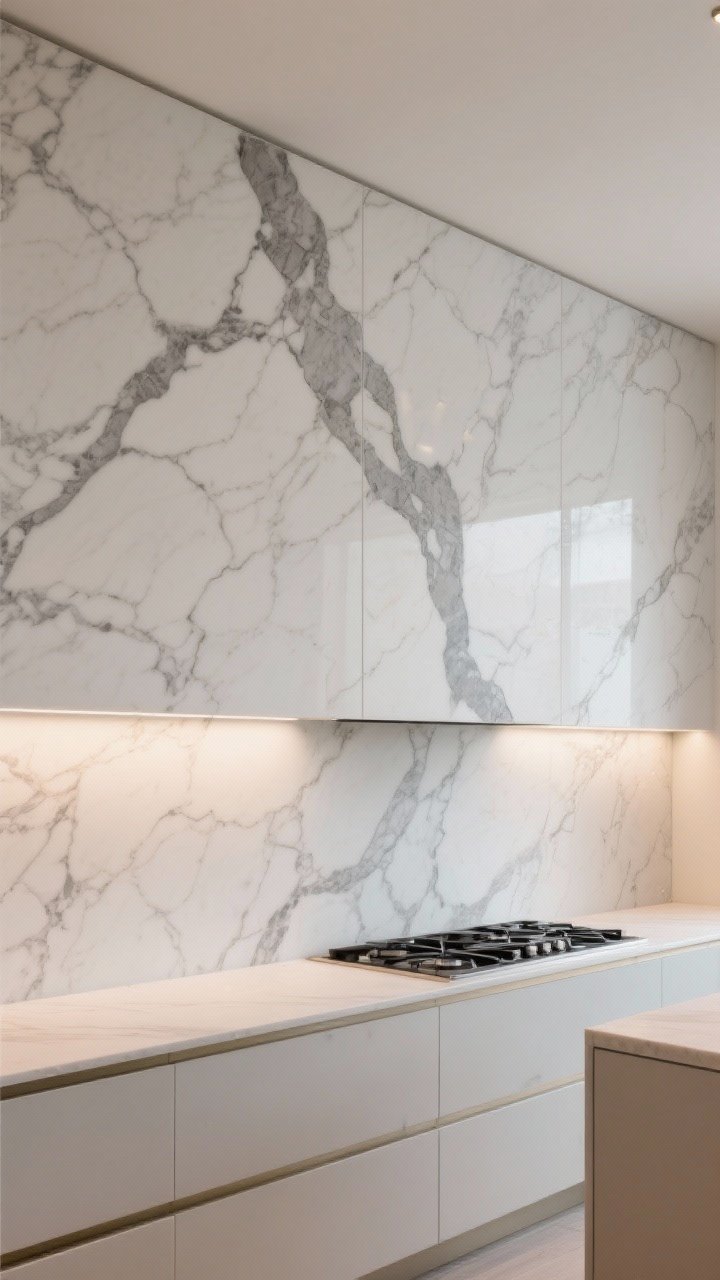 Wide, straight-on view of a modern kitchen wall clad in a continuous veined quartz slab running counter-to-ceiling behind the range; medium-contrast gray veining on a warm white base disguising smears; minimal seams, color-matched silicone at edges; sleek range and simple counters below; bright, even task lighting emphasizing a luxe, seamless look; photorealistic, no people.
