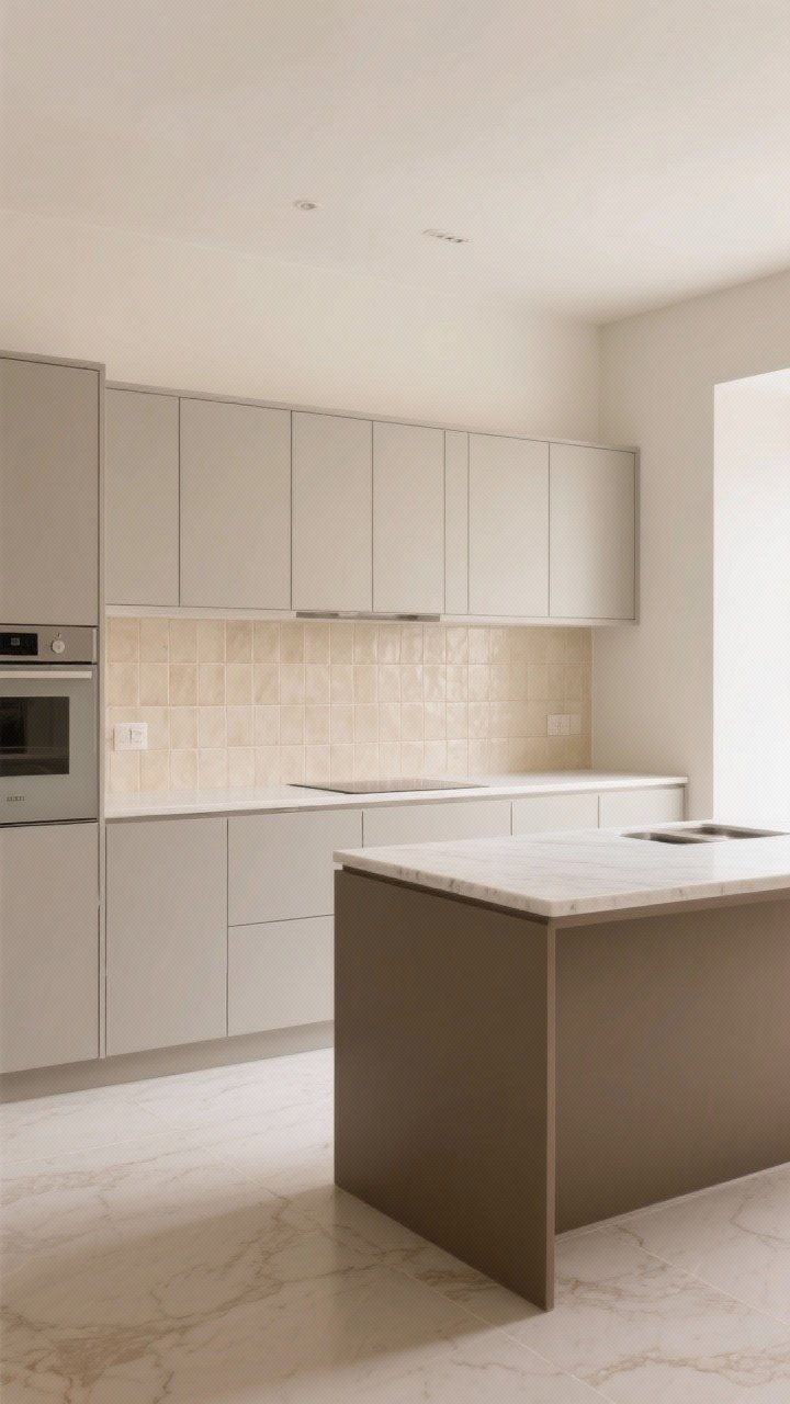 Wide, straight-on view of a monochrome beige kitchen in tone-on-tone hues: soft greige cabinets, creamy zellige tile backsplash with subtle shade variation, whisper-light beige eggshell walls, off-white quartz countertops with faint sandy veining, and a darker taupe-beige island anchoring the space; calm, cohesive lighting to keep tones accurate; no other accent colors.