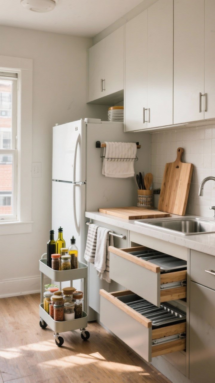 Wide, straight-on view of a rental-friendly small kitchen featuring slim add-ons that feel built-in: a 10–12 inch-wide rolling cart tucked beside the fridge holding oils, spices, and towels; an over-the-sink cutting board extending workspace and doubling as a drying station; a fold-down wall shelf ready for prep; a glimpse of DIY toe-kick drawers storing sheet pans. Finishes matched to existing hardware for a cohesive look, soft afternoon natural light.