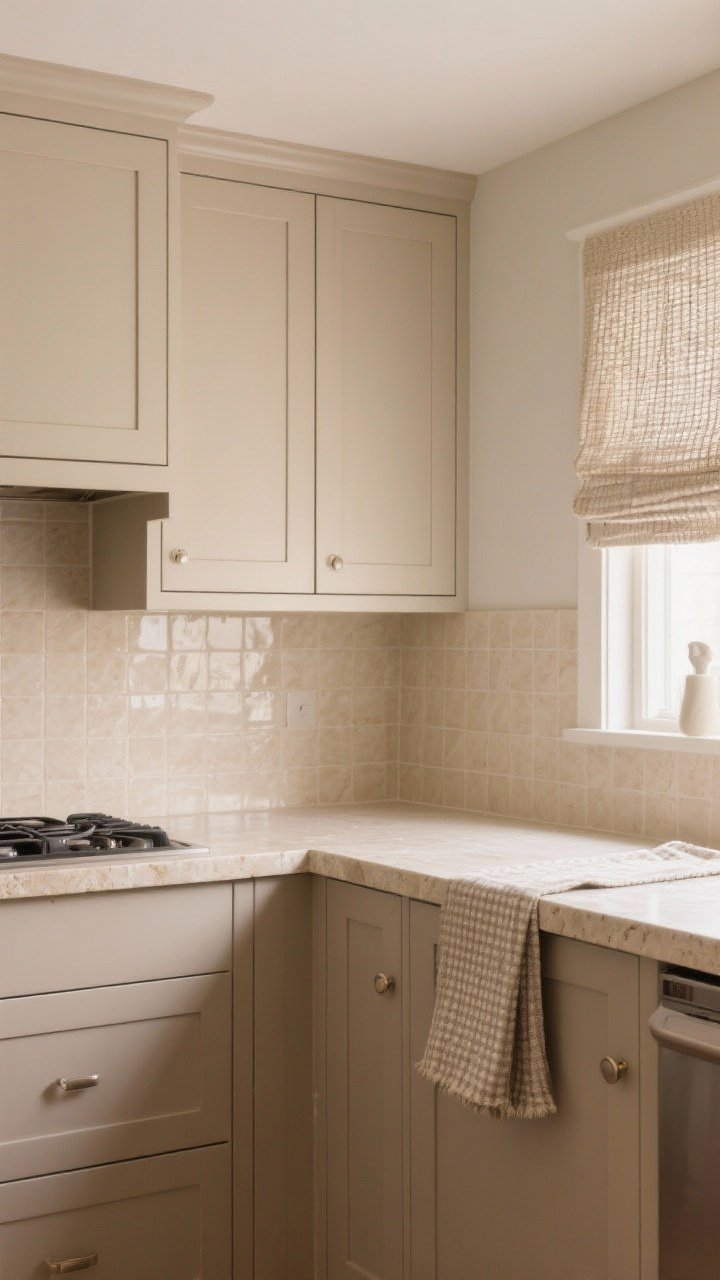 Wide, tone-on-tone monochrome: Layered beige kitchen showcasing almond, cappuccino, and mushroom hues—matte beige flat-panel cabinets, satin-finish beige walls, honed beige stone counters, and a glossy light-beige tile backsplash; linen cafe curtains, woven shades, and a nubby runner for texture; subtle micro-check tea towel on the counter; warm, even lighting for quiet luxury; straight-on symmetry