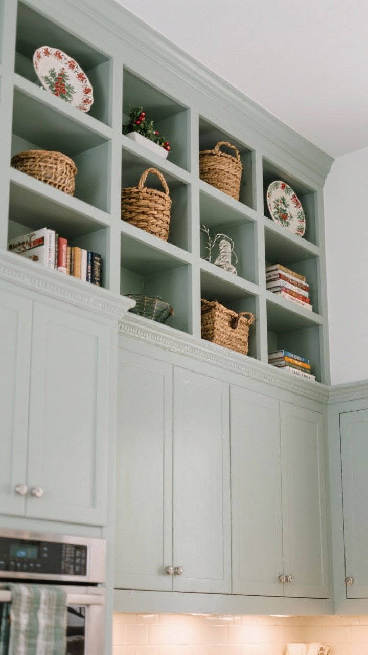 Wide, upward-angled shot of a kitchen wall with ceiling-high faux built-in shelving: painted open cubes added above existing uppers, color-matched to the cabinetry and finished with a simple crown molding strip; top shelves hold occasional-use items like holiday platters, lidded woven baskets, and horizontally stacked cookbooks; consistent paint finish, soft ambient lighting emphasizing the vertical extension.