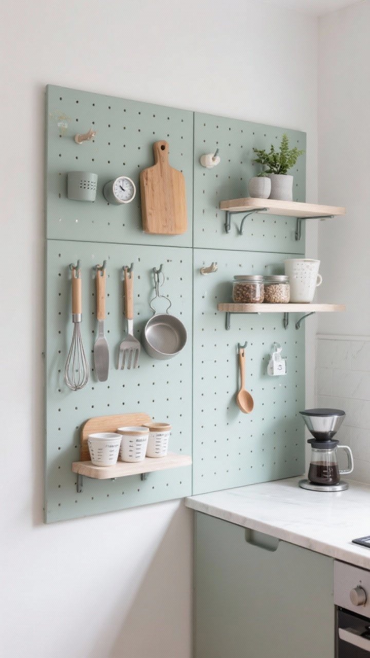 Wide wall shot of a styled kitchen pegboard panel system in a compact space: zones clearly defined—prep tools clustered together, a baking corner with measuring cups and a whisk, and a coffee area with a scoop and small jars; mixed hooks and mini shelves; a small ledge featuring a tiny plant and timer. Cohesive look with matching matte hardware and a restrained palette of two to three accent colors. Bright, even daylight for a crisp, modular vibe.