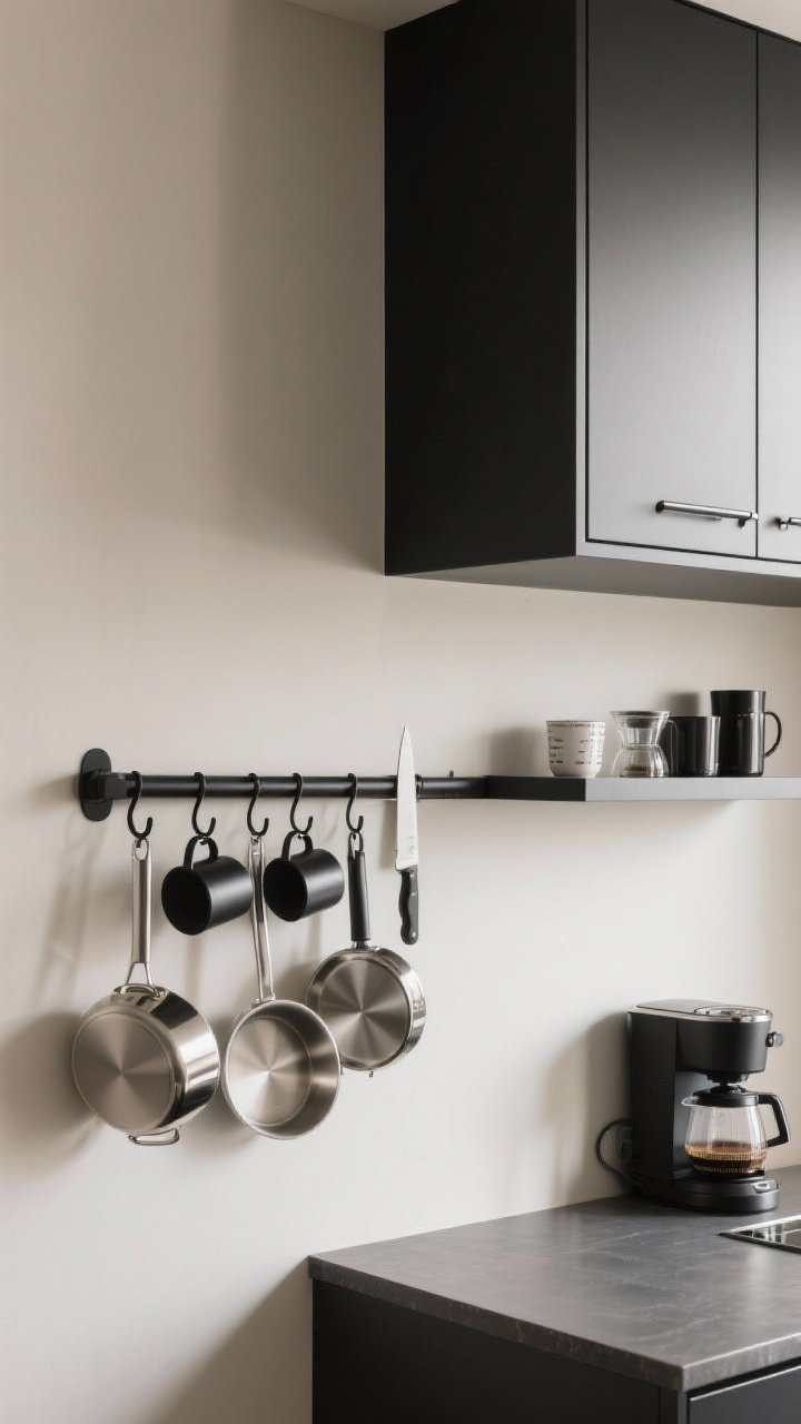 Wide wall shot showcasing smart vertical storage: a matte black rail with S-hooks holding matching mugs, a few polished pans, and measuring cups; a sleek magnetic knife strip aligned parallel to the rail; a floating shelf above a compact prep/coffee station displaying pretty essentials. Metal finishes match the cabinet hardware for cohesion, and only daily-use, well-designed items are hung to avoid clutter. Neutral palette with matte black accents, diffuse daylight, straight-on view.