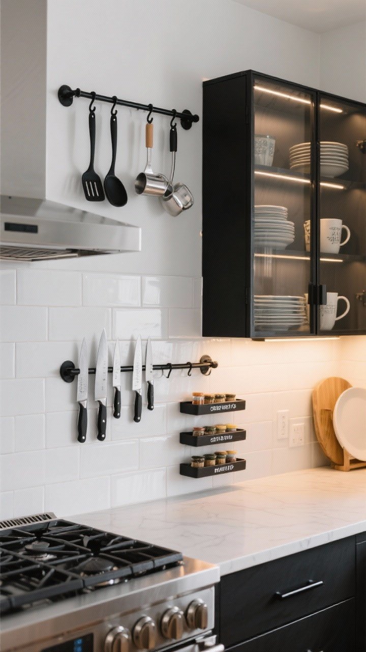 Wide wall view of a kitchen showcasing vertical storage: a black steel rail system with hooks holding spatulas, ladles, and measuring cups near a range, a magnetic knife strip with knives, a shallow wall-mounted spice rack with labels facing out, and tall risers inside a glass-front cabinet doubling plates and mugs; white tile backsplash, warm under-cabinet lighting, matte black metal accents, crisp organized feel