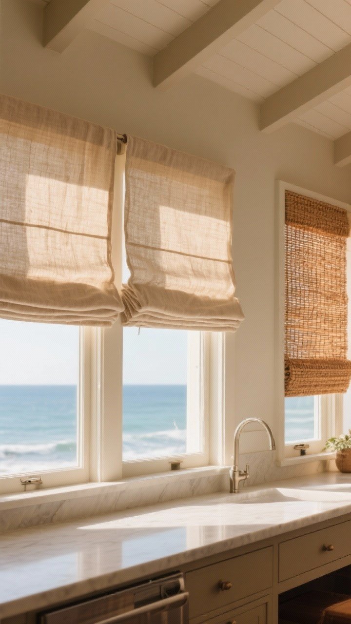 Wide window wall shot: beige Roman shades and café curtains filtering sunlight into a warm glow; fabrics are linen or linen-blend with natural texture and a hint of caramel undertone; woven shade layered on an adjacent window for privacy with a coastal feel; shades mounted slightly above the window to elongate ceilings; warm, flattering light across counters.