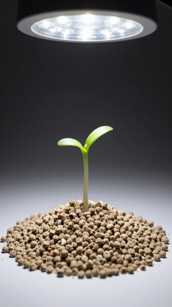 peat pellet expanded with visible sprout under LED grow light