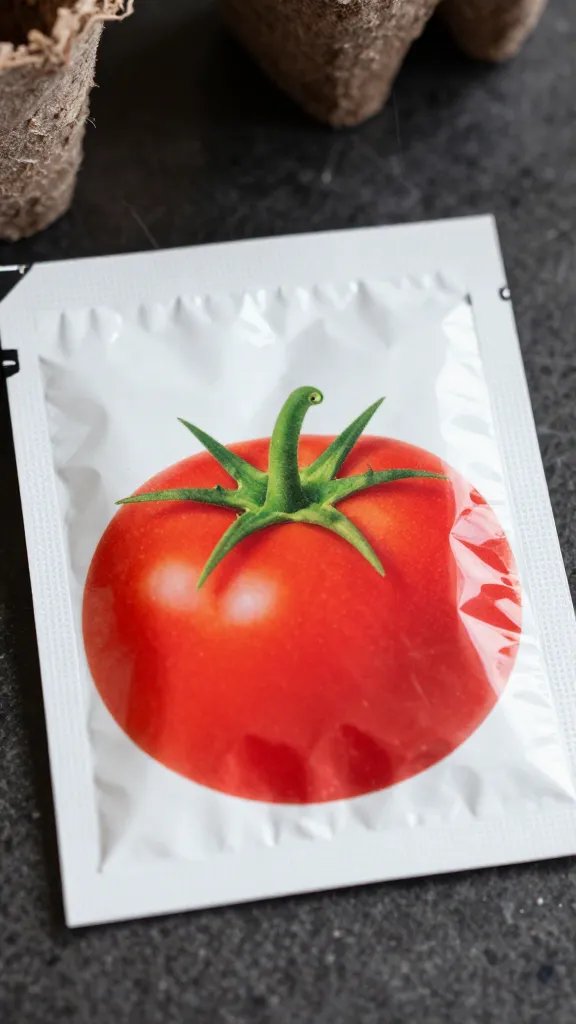 closeup of labeled tomato seed packet on potting bench