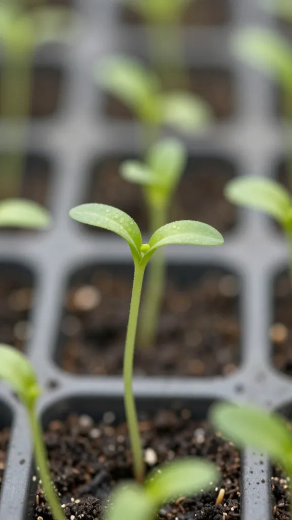 macro shot of spindly, leggy seedling collapsing in tray