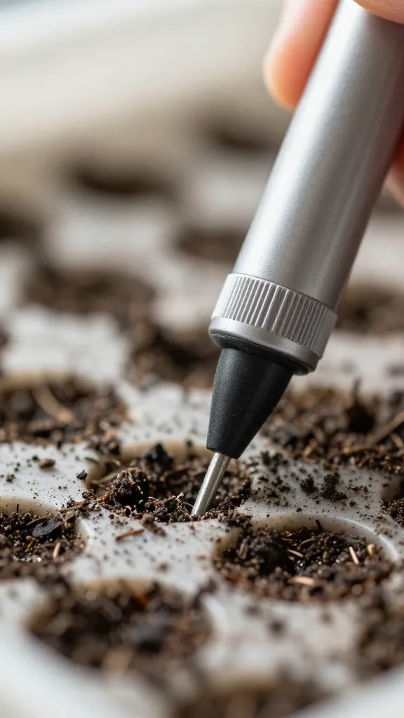 handheld moisture meter tip in seed-starting mix, shallow depth of field