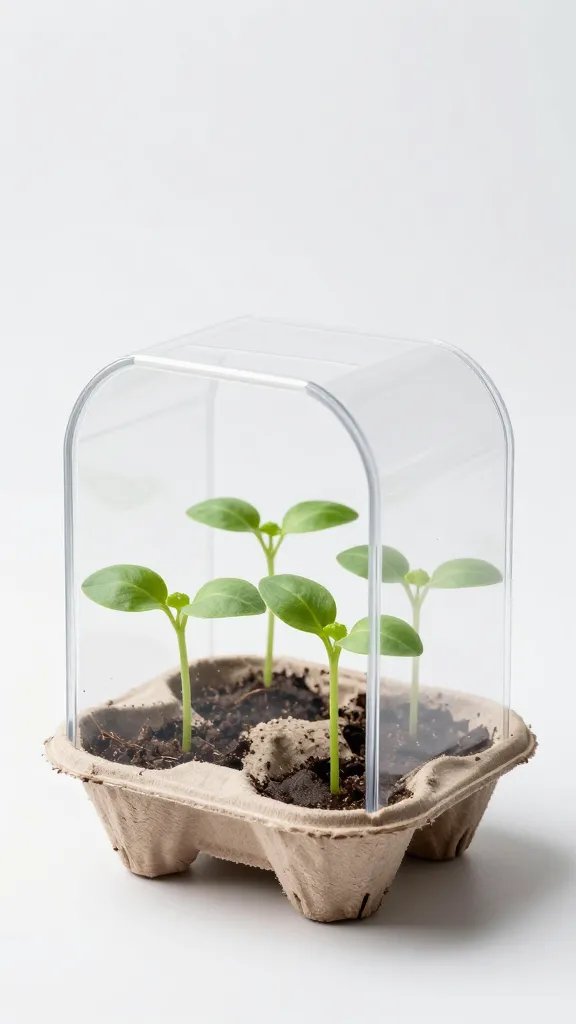 single takeout clamshell mini greenhouse with labeled seedlings