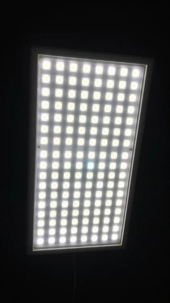 single LED grow light panel over seedlings, dark background