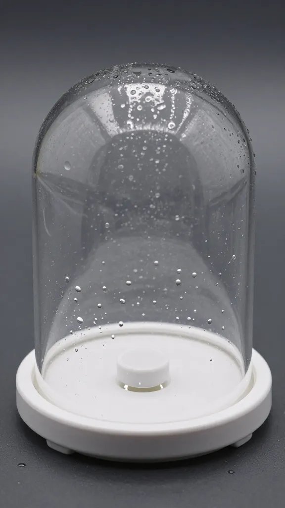 Closeup humidity dome with condensed droplets, single tray beneath