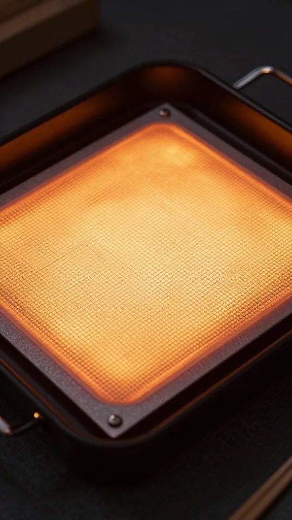 Heat mat under one 10x20 tray, warm glow closeup