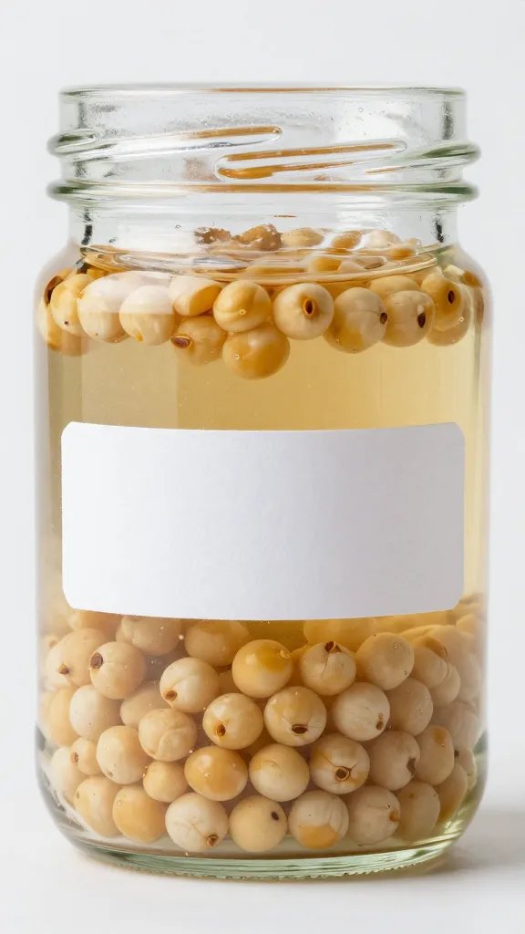 single labeled glass jar with pre-soaking pea seeds, macro