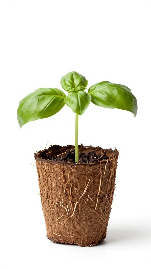 single coco coir seedling plug with sprouted basil, white background