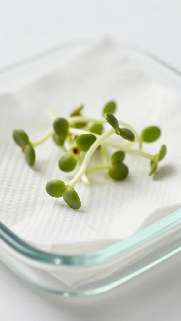 macro of radish sprout in damp paper towel, glass dish