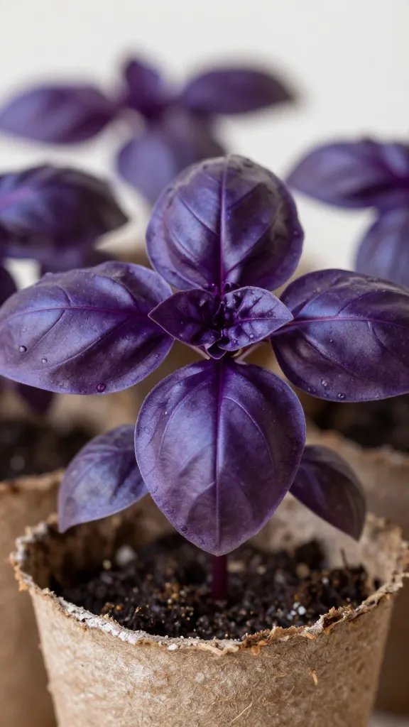 closeup of purple basil seedling in biodegradable pot