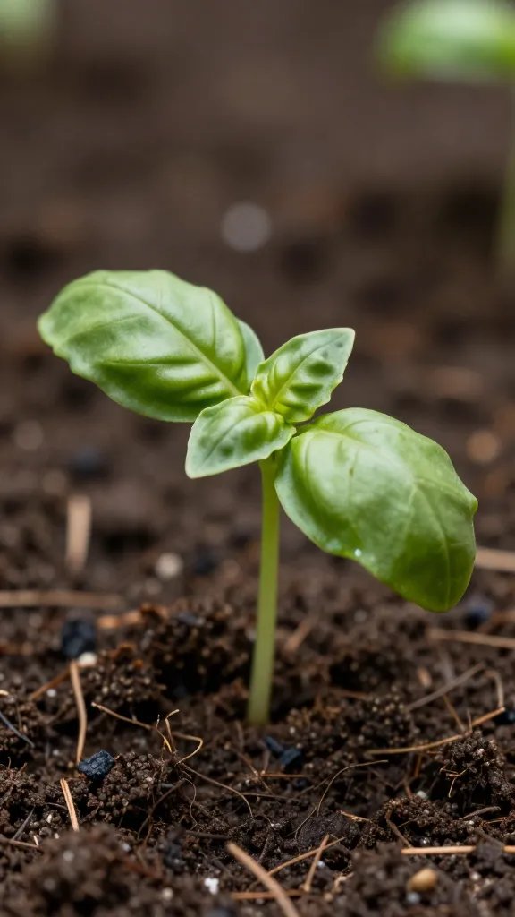 closeup of a single basil seedling emerging from soil