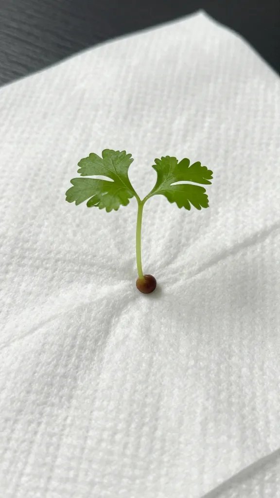 paper towel germination test with one parsley seed sprout closeup