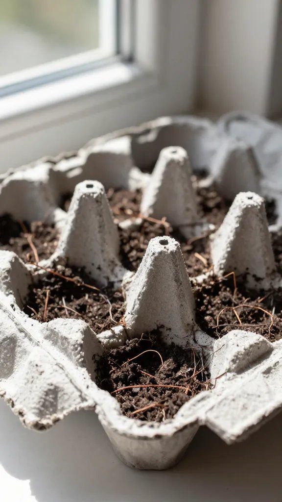 closeup biodegradable egg carton seedling in sunny windowsill