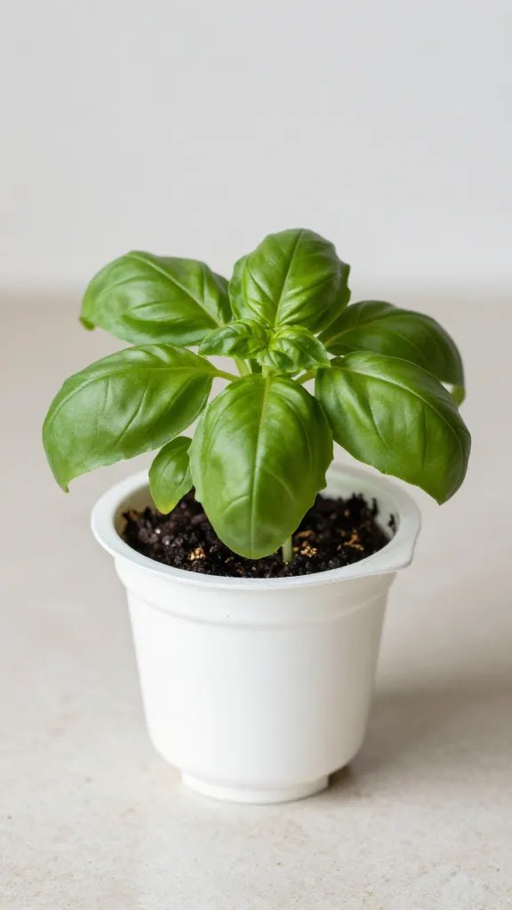 single yogurt cup planter with sprouting basil on countertop