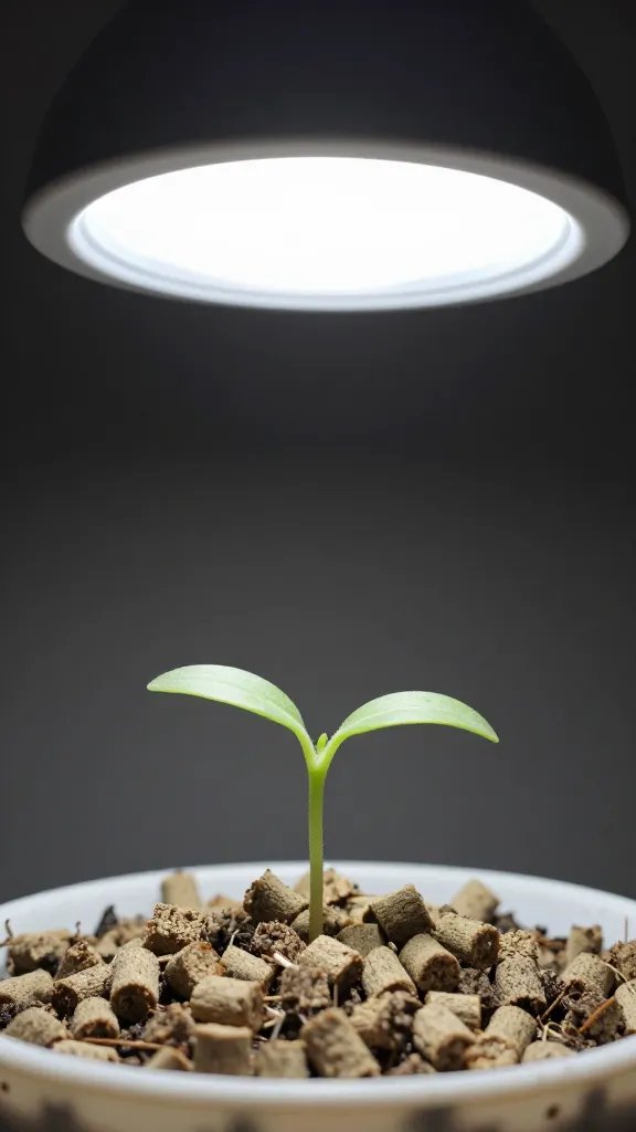 peat pellet seedling under simple LED desk lamp closeup