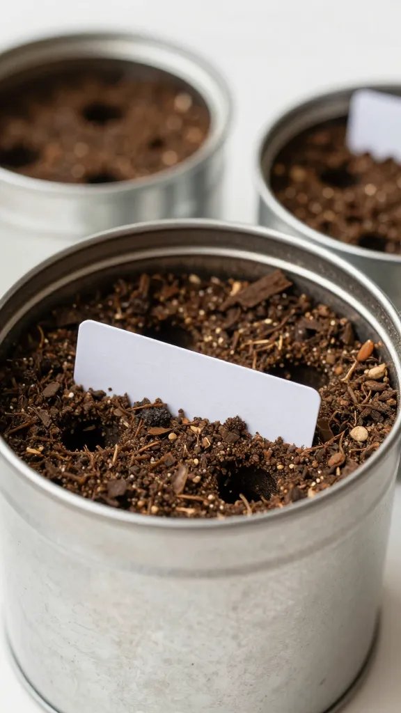 tin can seed starter with drilled holes, moist potting mix