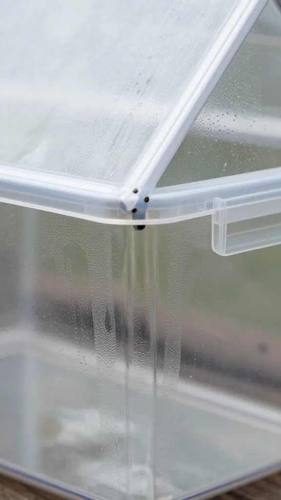 closeup of clear storage bin mini greenhouse with condensation