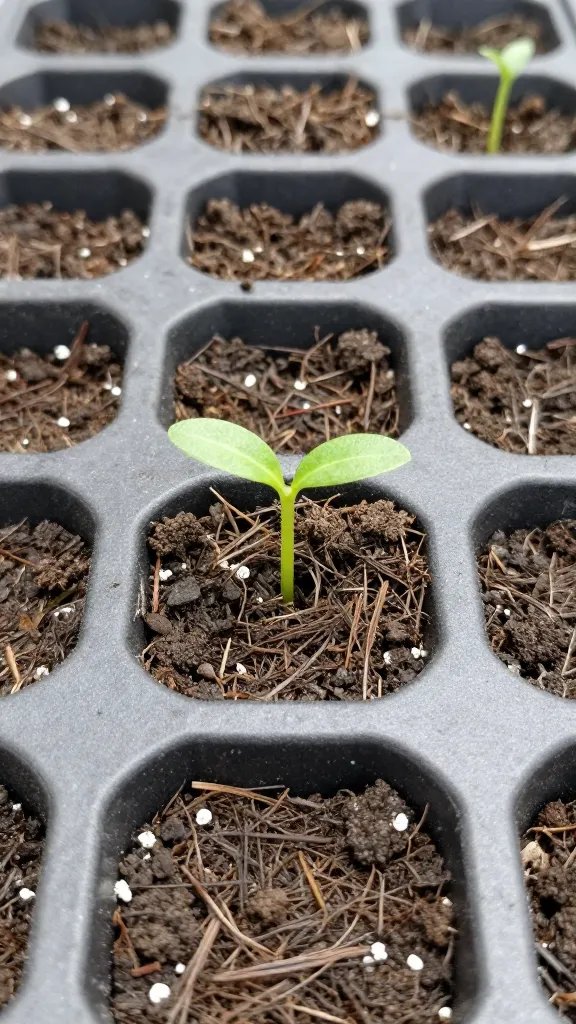 Single seedling emerging from airy mix in a cell tray