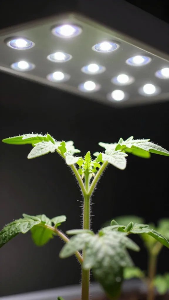Closeup of tomato seedling under LED grow light